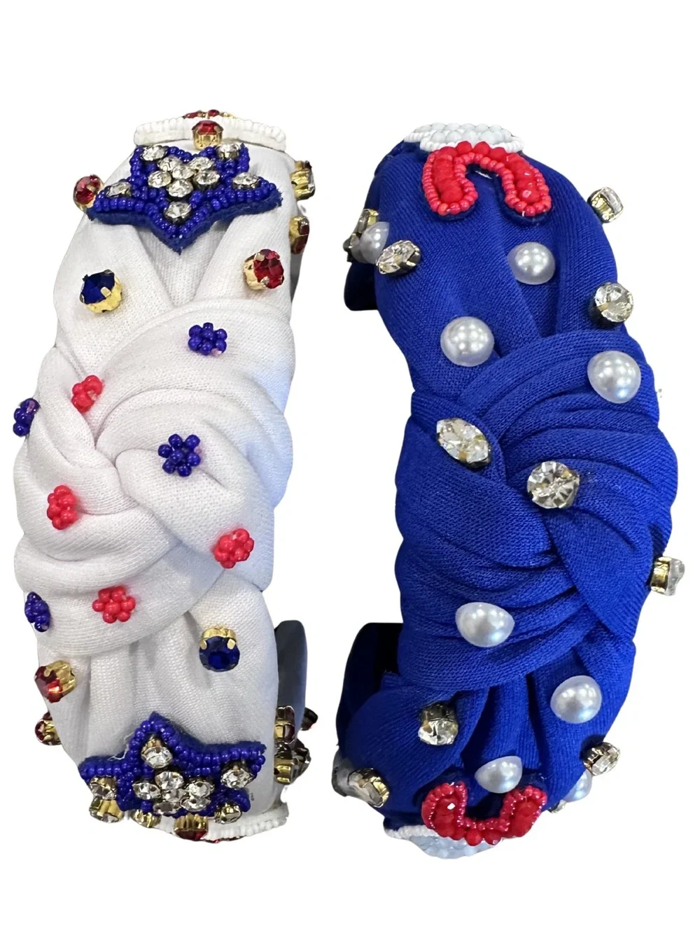 Patriotic Beaded Knot Headbands Set of Two Red White Blue Gold USA America Stars